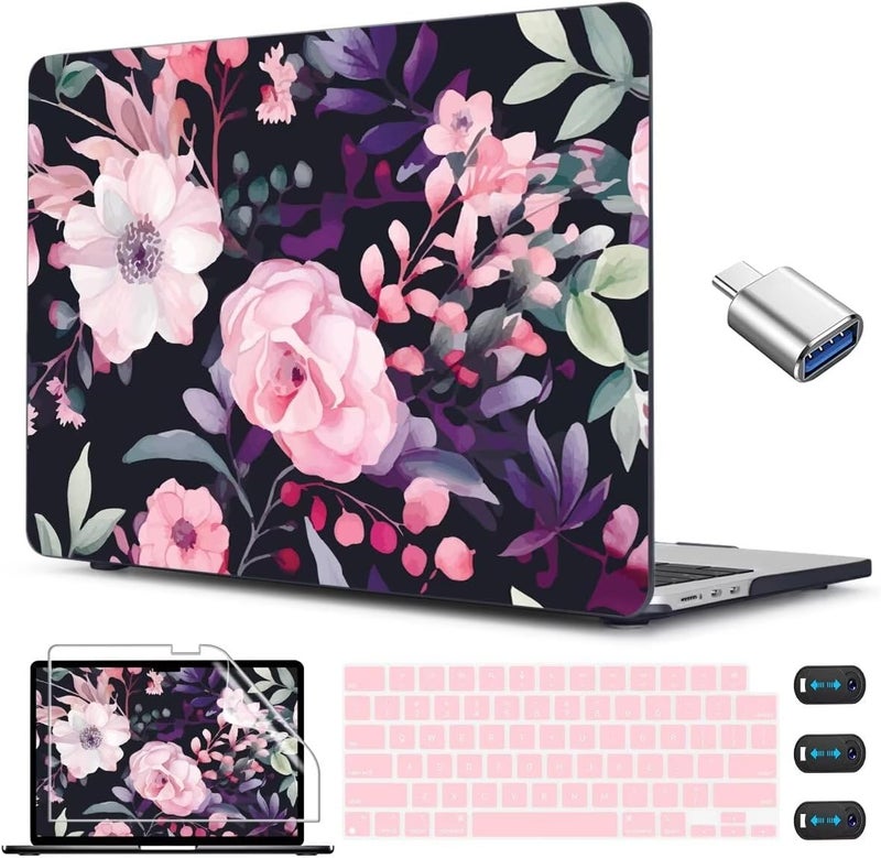 CISSOOK Compatible with MacBook Air 13.6 inch Case 2025 2024 2022 Release Model A3240 A3113 A2681, Flower Plastic Hard Shell Case Black Cover for MacBook Air 13 inch M2 M3 M4 - Pink Flowers - Image 1
